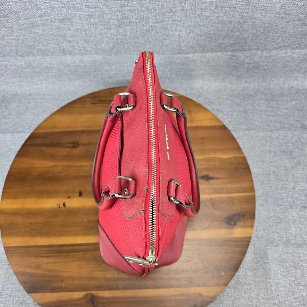Liz Claiborne Red Satchel Handbag Geometric Embossed Faux Leather Top Handle Bag